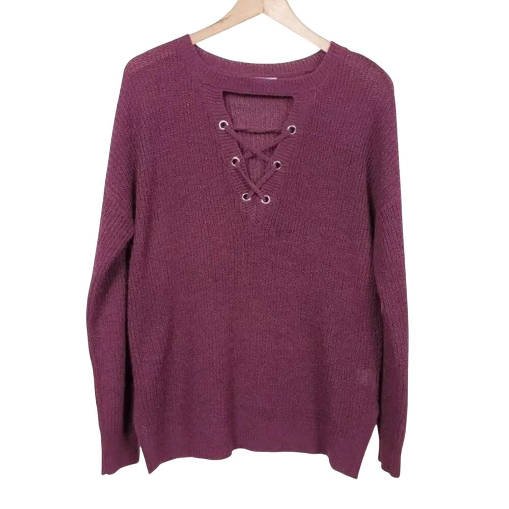 Charlotte Russe Long Sleeve Lace Up V Neck Top Womens Size M Burgundy Textured